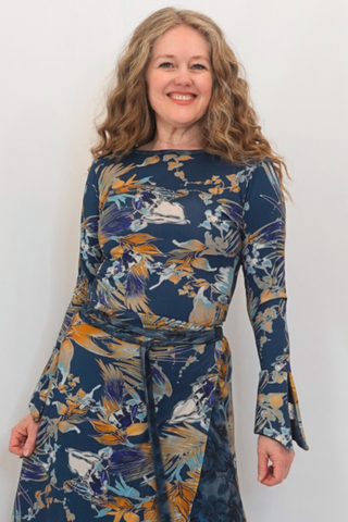 Abstract Teal Print Cuff Top