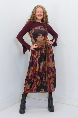 Wine Print Long Bubble Skirt
