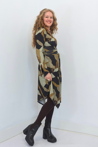 Abstract Print Olive Wrap Dress